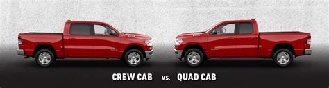 Crew cab vs quad cab. The 2019 model of the Ram 1500 is available in multiple configurations, including the Crew Cab and Quad Cab. The Crew Cab has two available sizes, while the Quad Cab has just one, and each version has a different starting price: 2019 RAM 1500 Crew Cab: The 5-foot 7-inch Crew Cab: Starting MSRP of $33,895. The 6-foot 4-inch Crew Cab: Starting ... 