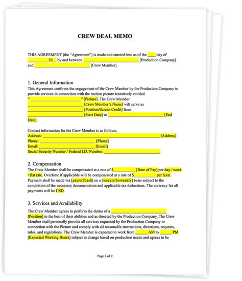 Crew deal memo in Word and Pdf formats