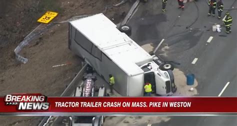 Crews respond to tractor-trailer rollover crash on Mass. Pike in Weston