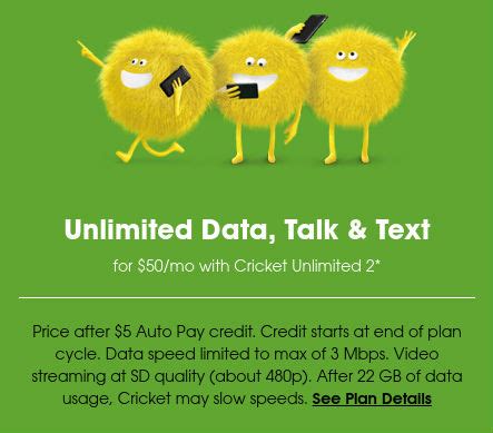 Cricket uses AT&T’s 4G LTE and 5G networks for coverage. Here is a list of the available plan options with the data differences between each plan highlighted. $30/month – 5GB high-speed data; $40/month – 10GB high-speed data, $35/month if you enable auto-pay billing; $55/month – unlimited high-speed data, $50/month if you enable auto .... 
