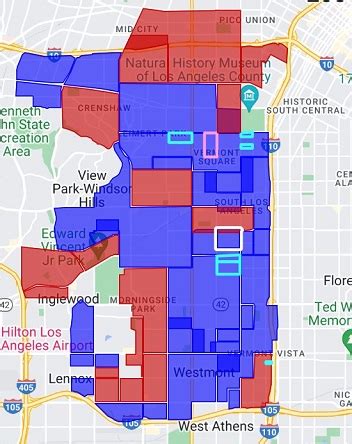 Crips territory map. The blue shapes and baby blue lines represents neighborhoods that have a african american gang known as Crips. The red shapes and pink lines represents neighborhoods that have a african american ... 