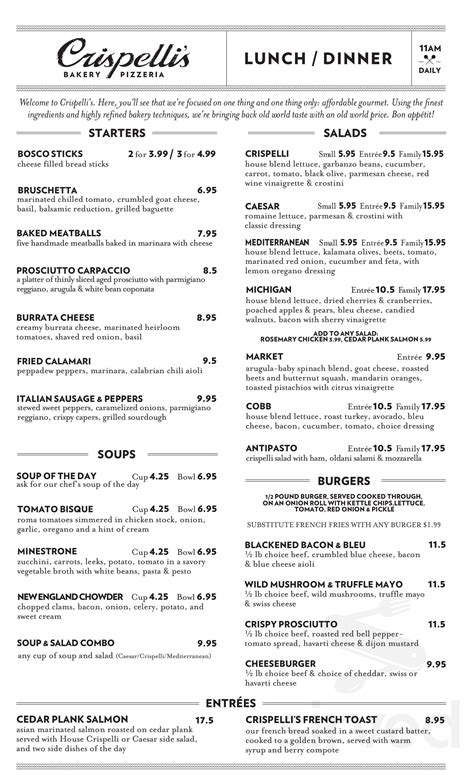 Crispelli%27s menu. roasted rosemary chicken, baked penne, crispelli or caesar salad, artisan bread & butter (6 person minimum; 24 hour notice required) Ala Carte Oven Roasted Rosemary Chickentomato sauce, fresh mozzarella, italian sausage and caramelized $3.75/piece An even assortment of breast, wing, thigh and leg (20 piece minimum; 24 hour notice required ) LARGE 