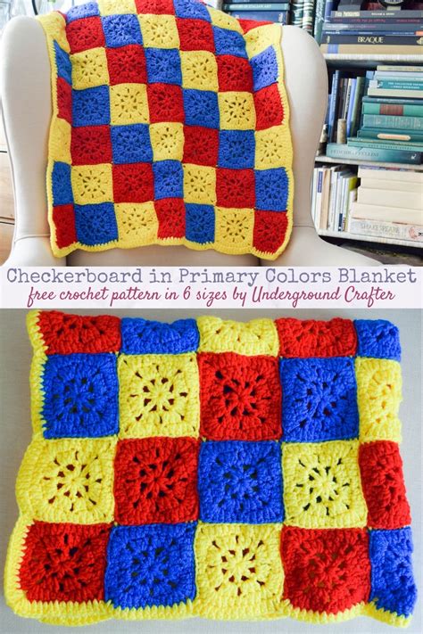 Crochet Pattern Checkerboard in Primary Colors Blanket in 6 Sizes