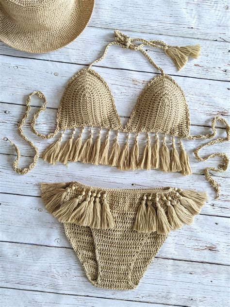 Crochet bikini. Crochet and macrame have similar finished products, but crochet involves the use of a crochet needle and loops of yarn, while macrame involves various intricate knots in the yarn. ... 