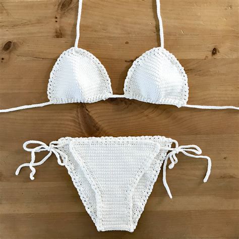 Crocheted bikini. Crochet bathing suits are super affordable. 4. Crochet bathing suits can be as modest or revealing as you want. 5. Crocheting your own bathing suit means you’ll get the perfect fit! 6. Pick a tight stitch for strategic coverage. 7. You’ll have a unique swimsuit. 
