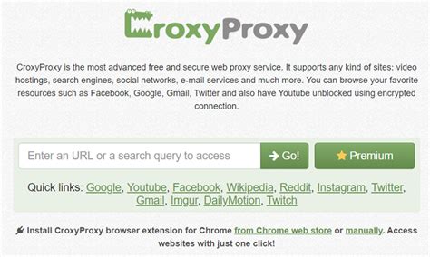 Crocy proxy. İhtiyacınız olan tek şey sadece bir web tarayıcısıdır. YouTube proxy'mizi hemen deneyin; tamamen ücretsizdir! CroxyProxy son teknoloji ürünü güvenli bir web proxy hizmetidir. Favori web sitelerinize ve web uygulamalarınıza erişmek için bunu kullanın: Facebook veya YouTube proxy'si olarak. 