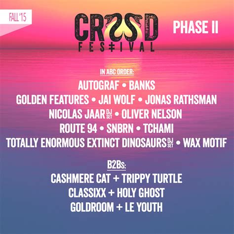 The general on-sale is scheduled for Wednesday, June 21 at 2PM PT via CRSSD's Click Here. CRSSD After Dark programming to be announced soon. CRSSD Fall 2023 Lineup (A-Z) AMELIE LENS. BARRY CAN'T .... 