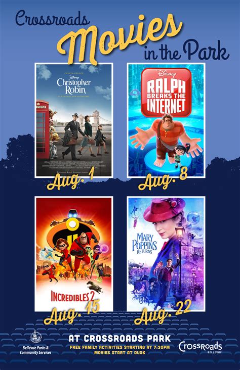 An outdoor family movie series on Thursday nights in August at Crossroads Park.. 