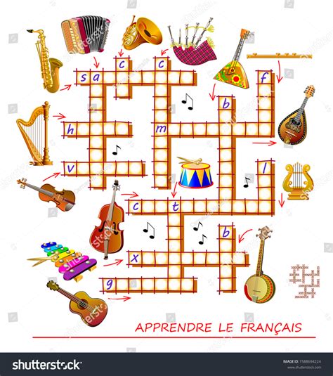 Crossword Puzzle Game with Musical Instruments. Learn French