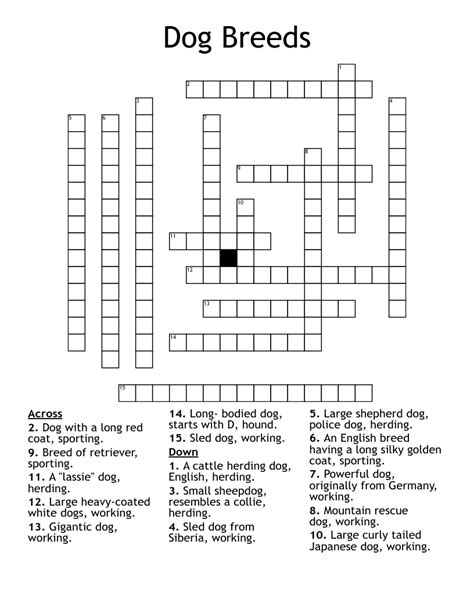 Crossword clue dog breed. The Crossword Solver found 28 answers to "dog breed (7)", 7 letters crossword clue. The Crossword Solver finds answers to classic crosswords and cryptic crossword puzzles. Enter the length or pattern for better results. Click the answer to find similar crossword clues. 
