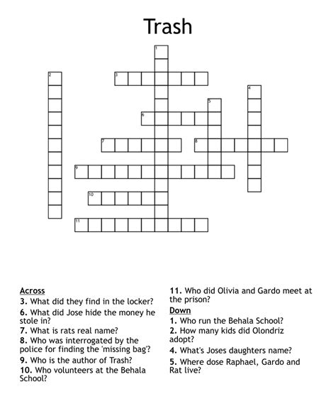 Crossword clue for rubbish. Crossword Clue. Here is the solution for the Rubbish; garment clue featured in Times Concise puzzle on November 24, 2017. We have found 40 possible answers for this clue in our database. Among them, one solution stands out with a 94% match which has a length of 5 letters. You can unveil this answer gradually, one letter at a time, or reveal it ... 