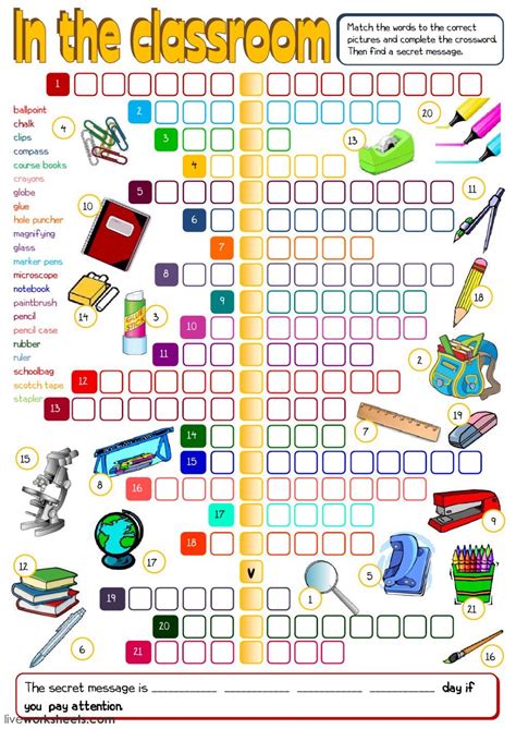 Crossword puzzle game about classroom things. Interactive worksheet
