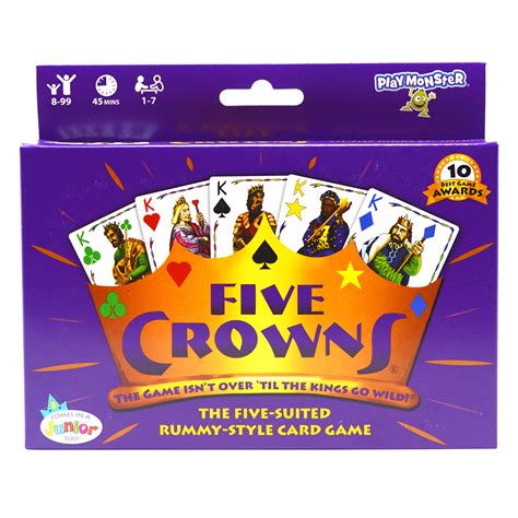 Crown card game. Five Crowns is a five-suited rummy-style card game that appeals to a wide array of card players! This award-winning, classic game is a quick favorite features a unique double deck that contains five suits: spades, clubs, hearts, diamonds and stars! This special deck makes it easier to arrange your entire hand into books and runs. 