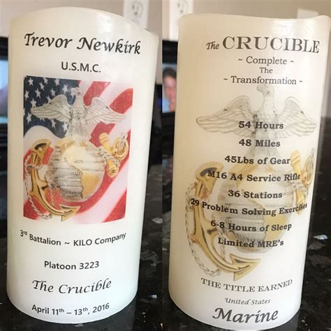Apr 1, 2019 · Candle color and shape will vary based on availability. official Hobbyist of the USMC; Hobbyist #19139 Crucible Candle for the Final Boot Camp Challenge of the United States Marine Corps with moving / dancing wick..