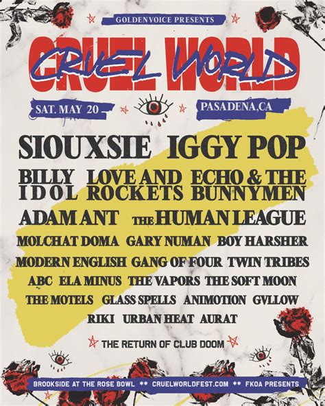 Cruel world 2023. Siouxsie Sioux will take the stage for her first North American performance in 15 years as a headliner at this year’s Cruel World Festival.. The one-day festival goes down Saturday, May 20th, 2023 at Brookside at The Rose Bowl in Pasadena, California. The lineup also boasts Iggy Pop, Love and Rockets … 