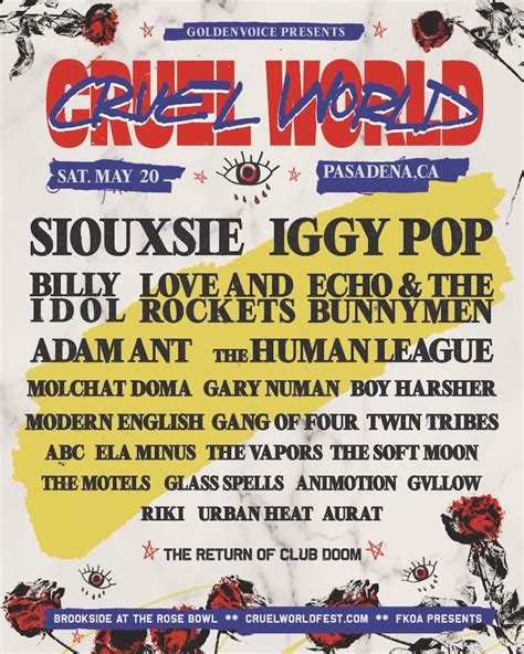 Cruel world festival 2023. Jan 23, 2023 ... ... 2023 Cruel World festival in Pasadena, Calif. Goldenvoice's one-day festival returns to Brookside at the Rose Bowl on Saturday, May 20. Also ... 
