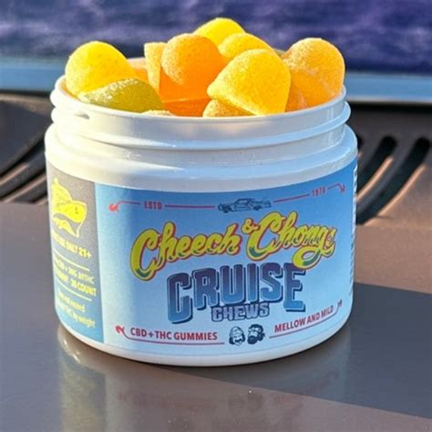 Cruise chews. Cheech & Chong’s Cruise Chews are safe, natural, and relaxing CBD+THC edibles. These chews are precision-dosed with a mild 10:1 ratio of CBD to THC, derived from natural hemp extract without any synthetic chemicals. The key selling points emphasized are the mellow experience they provide, their ability to promote relaxation and calm the mind ... 