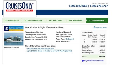 Cruisesonly.com - For the popular cruise line, we looked at a 7-day Caribbean cruise with Royal Caribbean. The cost was as low as $651 for an interior stateroom on Cruises Only with options for deals that might bring the price down to $438. The price directly from Royal Caribbean was $749 offering a minimum of $100 off the standard price. 