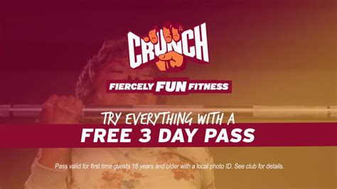 Crunch 3 day pass. Crunch will give you a day pass for FREE to try it on for size. Blink; For the no-fuss fitness enthusiast Blink has a selection of “no-frills” gyms across the city. Perfect if you are interested in cardio and strength training, these gyms have all the equipment you need without you feeling overwhelmed and daunted by the task at hand ... 