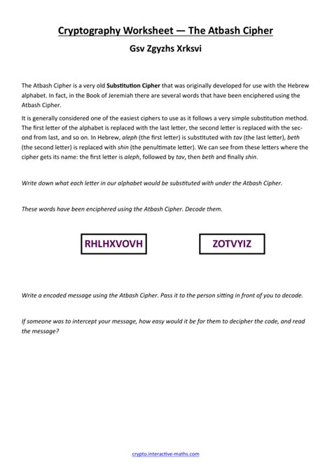 Cryptography Worksheet The Atbash Cipher - Crypto Corner