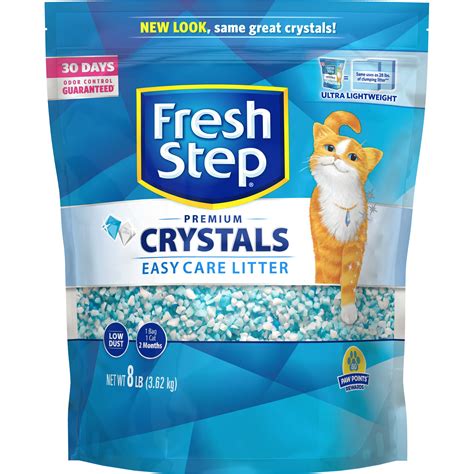 Crystal cat litter. Fresh Step Crystals Health Monitoring Cat Litter, Unscented, Lightweight Crystals Litter Checks Urine pH Levels to Monitor Cat Health, Helps Control Odors, 1-Pack, 7 Lbs. $2698 ($3.85/Pound) List: $28.99. Save $2.76 with coupon. FREE delivery on $35 shipped by Amazon. 