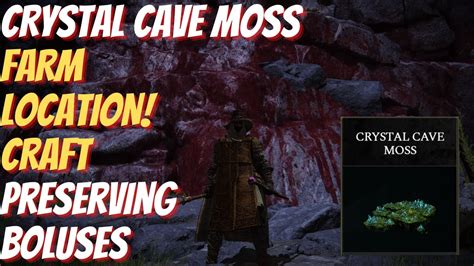 - English name of the item: "Crystal Cave moss" "Crystalline Cavern Moss" locations. Where to find 'Crystal Cave Moss' in Elden Ring. No place found yet or not written yet, please comment or PM me on discord. List of recipes using: "Crystal Cave Moss" You can make the following items with Crystalline Cave Moss: Immunizing Pellets. 