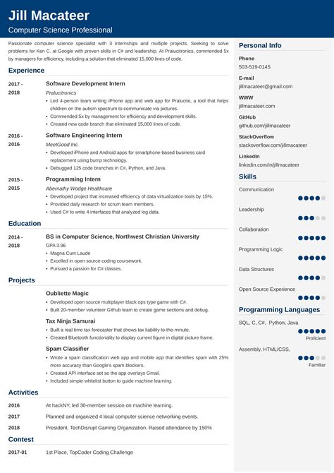 Cs resume. Dec 13, 2023 · How to write a CS resume that gets the interview. Why choosing the right few computer science resume skills is the #1 hack to get hired. Save hours of work and get a job-winning resume like this. Try our resume builder for free. Start by choosing a resume template. Create your resume now. What users say about ResumeLab: 