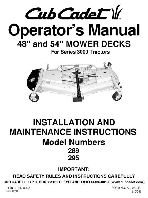 Cub cadet 48 mower deck operators manual. - The microwave engineers handbook volume one.