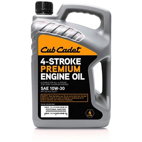 Cub cadet oil type. Specially formulated for Lawn Tractors, Zero-Turn Mowers, Walk-Behind Mowers, Power Washers and Generators with 4-cycle air-cooled gasoline engines. Contents include one 20 oz. SAE 30 engine oil bottle. For all four seasons of the year, easy starts in cold weather. Increased oxidation protection resulting in less varnish and sludge. 