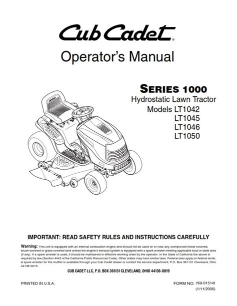 Cub cadet operators manual series 1000 hydrostatic lawn tractor models lt1042 lt1045 lt1046 lt1050. - Navy master training specialist study guide.