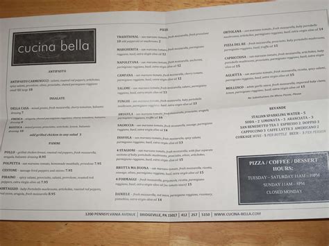 Cucina bella menu bridgeville. Cucina Bella, 1200 Pennsylvania Ave, Bridgeville, PA 15017, United States, Mon - Closed, Tue - 4:00 pm - 9:00 pm, Wed - 4:00 pm - 9:00 pm, Thu - 4:00 pm - 9:00 pm ... 
