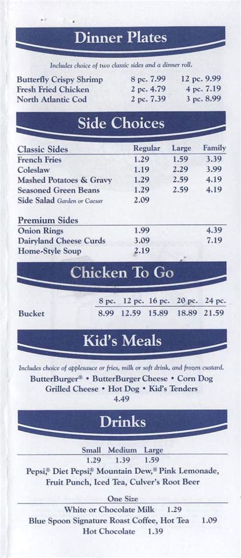 Culver's crystal lake menu. Culver's. Culver's (Crystal Lake, IL) @CulversCrystalLake ·. . 454 reviews · Fast food restaurant. View the Menu of Culver's in 400 Pingree Rd, Crystal Lake, IL. Share it with friends or find your next meal. Culver’s® is a family-favorite restaurant... 