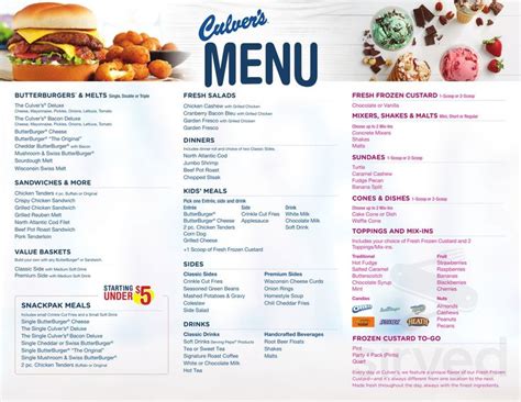 Culver offers a variety of food ranging from fresh Custard frozen to non-frozen. Culver’s menu includes ButterBurgers, shakes and floats, kid meals and homestay favorites. Culver offers updated information about the ingredients in its menu items to help people with allergies choose the right food.. 