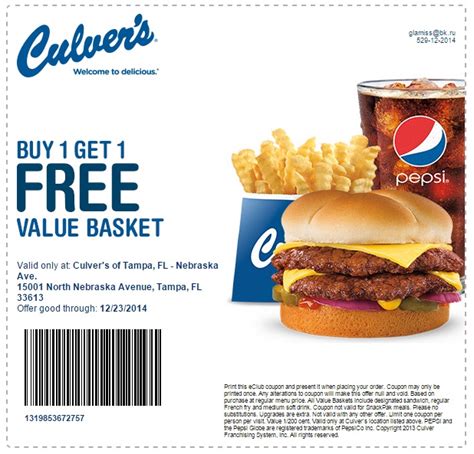 Buy at Culvers and Get Culvers Coupon Buy One Get One Free. Expires: May 11, 2024. 10 used. Click to Save. See Details. All kinds of promotional codes and discounts are given for you if you are ready to get various promotional codes. There are lots of Culvers+promotional codes that can help you save big. Use this deal when you checkout and get .... 