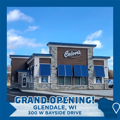 414-471-2222. 300 W. Bayside Drive Glendale, WI 53217. Culver’s ButterBurgers & Frozen Custard is Wisconsin’s homegrown favorite for tasty treats and delicious food. Always locally owned and operated franchise, we support the community we live and do business in.. 
