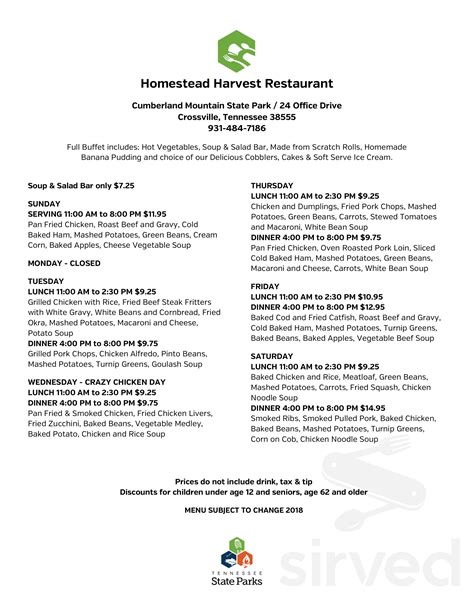 Cumberland Mountain State Park menu in Crossville, Tennessee, USA