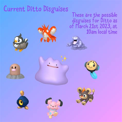 Published Jun 21, 2022 Every few months, Niantic updates the Pokémon that Ditto can hide as in Pokémon GO. Here are Ditto's current Pokémon GO disguises as of July 2022. Players trying to catch Ditto in Pokémon GO will have to look a little harder, as the shape-shifting Pokémon has been updated with many new disguises in the mobile game.. 