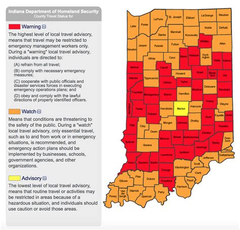 Delaware County Change to Watch (Orange) Travel Level - Signed Resolution INDOT 511IN.org TrafficWise Road Conditions Map; Indiana County Travel Advisory Map - IDHS; Road Closures Map; EMA Text and e-mail alerting Service; Be In The Know - Understanding COVID-19 Vaccine Myths and Misinformation. 