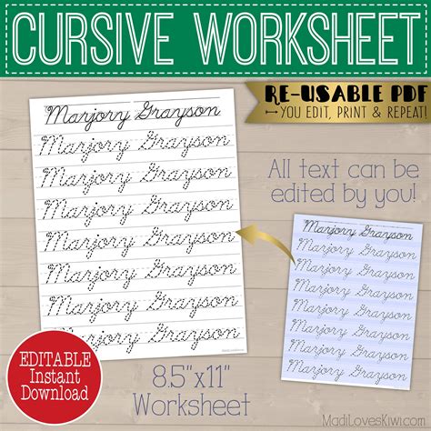 Cursive Name Writing Worksheet Editable Script Handwriting Etsy