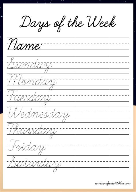 Cursive tracing worksheet, Alphabet Cursive Printable, Days of the week cursive handwriting