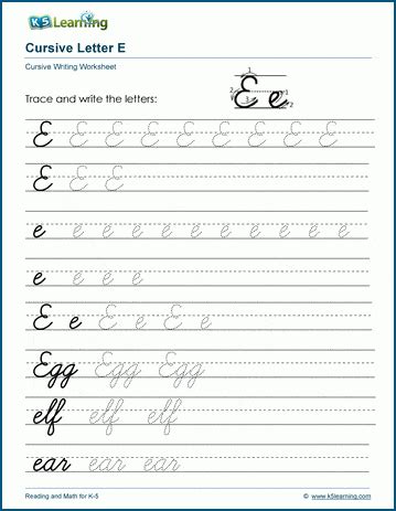 Cursive writing: Letter E worksheets K5 Learning