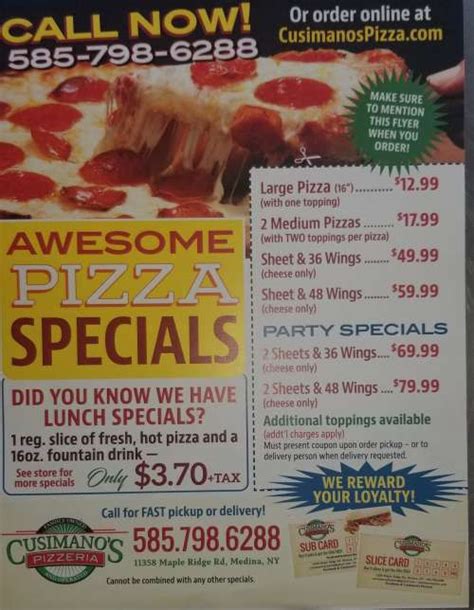 Cusimanos pizzeria menu. Cusimano’s Pizzeria Lockport, South Lockport, New York. 946 likes · 5 talking about this · 104 were here. Cusimano's Pizzeria Located in Lockport New York 
