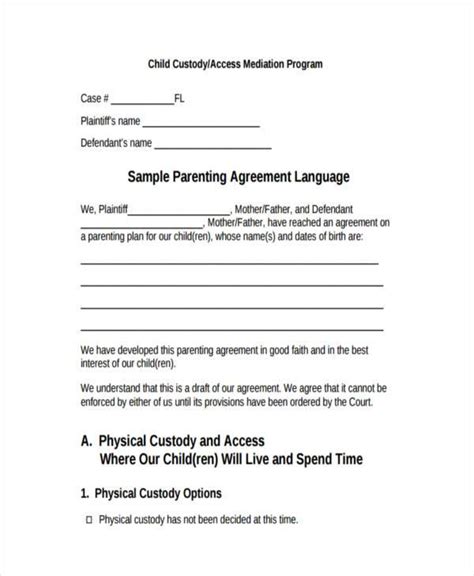 Custody agreement template. You can also find Child Custody Agreements with signature lines, submit buttons, and other document elements necessary for legal agreements, and they are 100% editable on Template.net's workspace. Before you start editing, browse Template.net's Sample Agreements and look for templates that closely fit your conditions. 