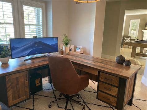 Custom desks. Chadron L-Shaped Desk With Live Edge. Present your computer on the handsome Amish-made Chadron L-Shaped Desk which combines a long rustic live edge top with dark metal legs for a contemporary style. From $5593 Quick View. Wood Types. +1 more. 