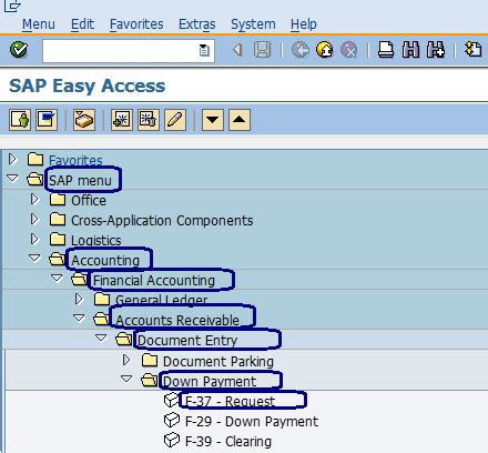 Customer down payment request in sap.  It outlines the menu path and transactio...