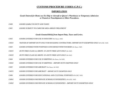 Customs Procedure Codes C P C