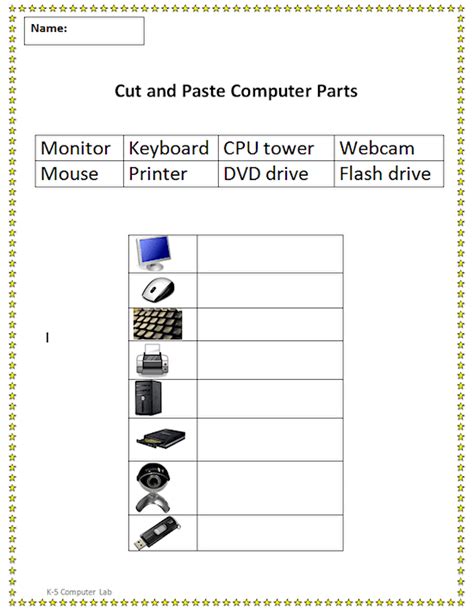 Cut and Paste Computer Parts worksheet example Computer Teacher