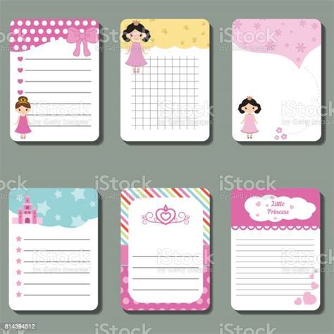 Cute Cards, Notes with Princess Theme Design. Stock Vector
