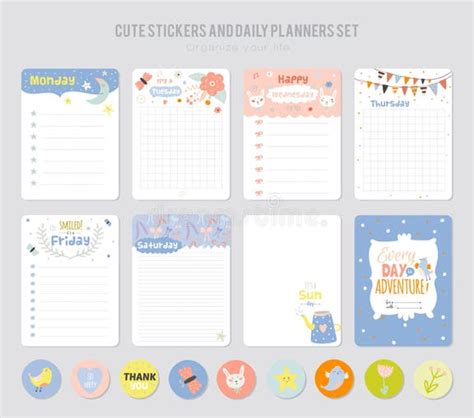 Cute Daily Note Template. Notebook Paper and Stickers Set with Vector