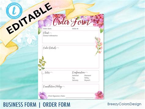 Cute Order Form Template Editable Sales Worksheet Custom Etsy
